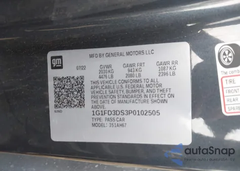 2023 Chevrolet Camaro Rwd 2Lt из США, поврежденный, VIN 1G1FD3DS3P0102505